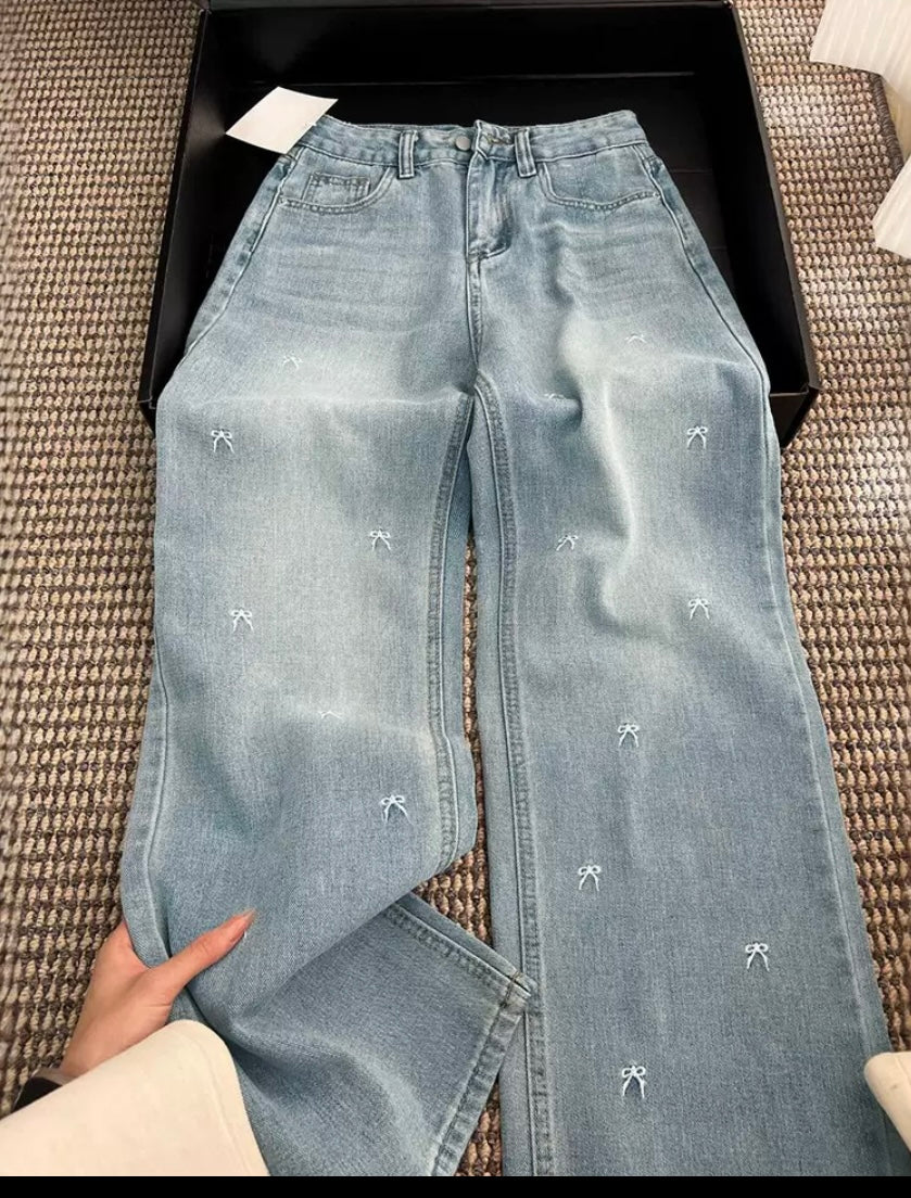 Wide Leg Jeans with Bow Detail