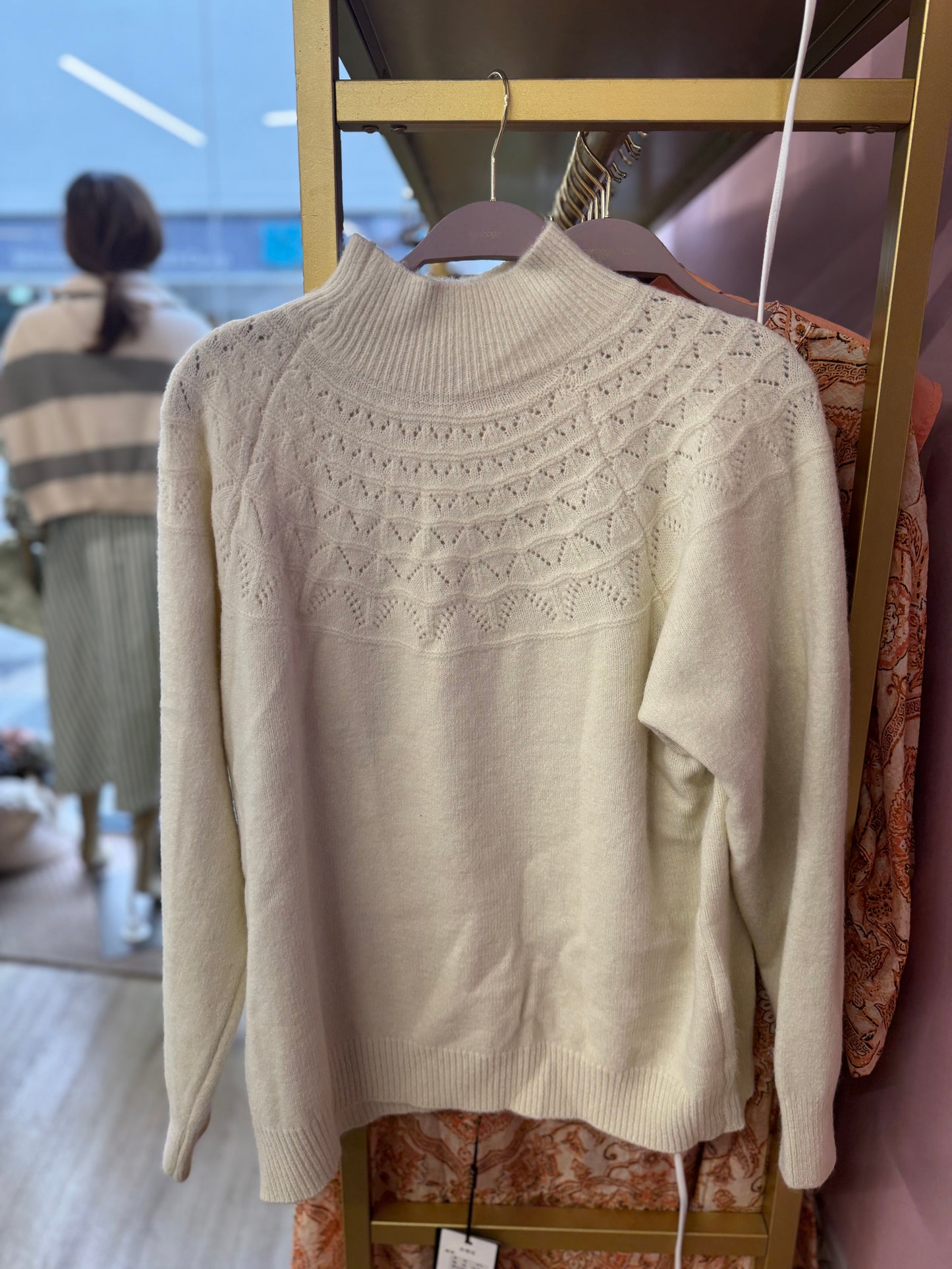 Cream Knit Jumper with Patterned Yoke