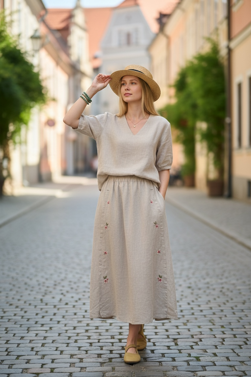 100% Linen Skirt with Embroidery