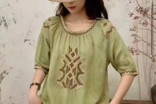 Boho Embroidered Linen Blend Blouse