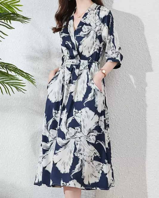 Mulberry silk Navy Floral Midi Dress