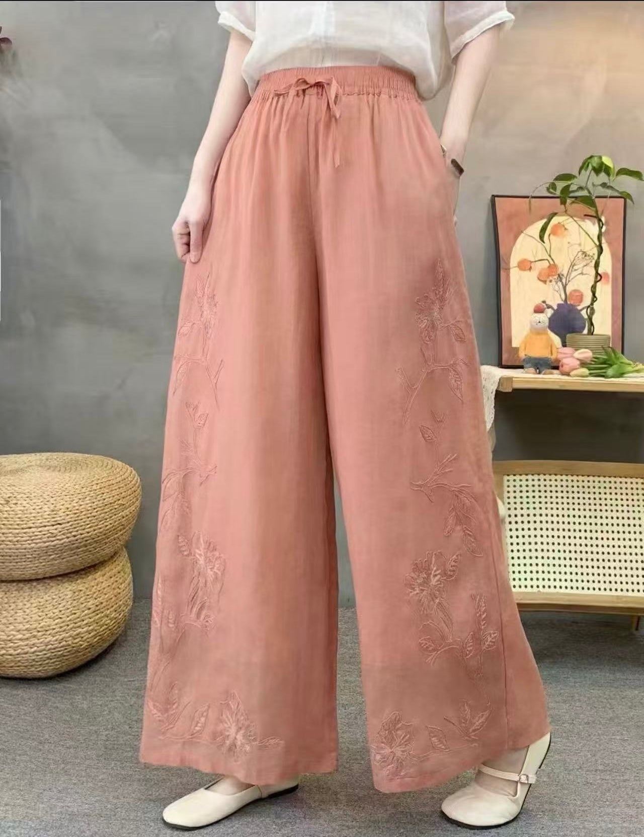 Relaxed 100% Linen Trousers with Embroidery