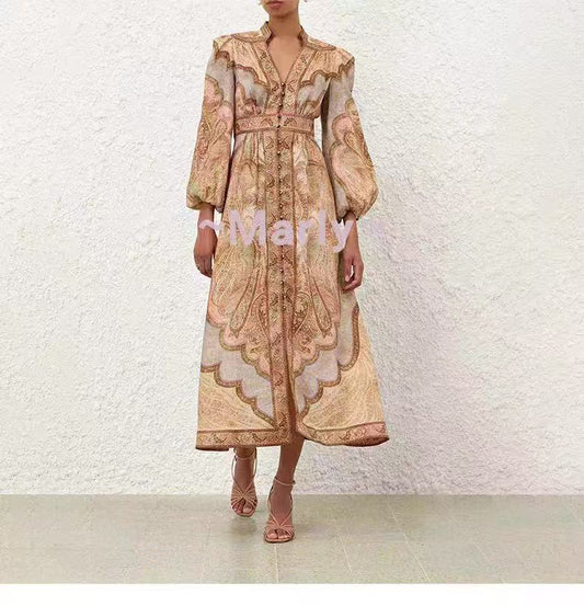 Vintage-Inspired Print Maxi Dress (Long Sleeve, Button Front)