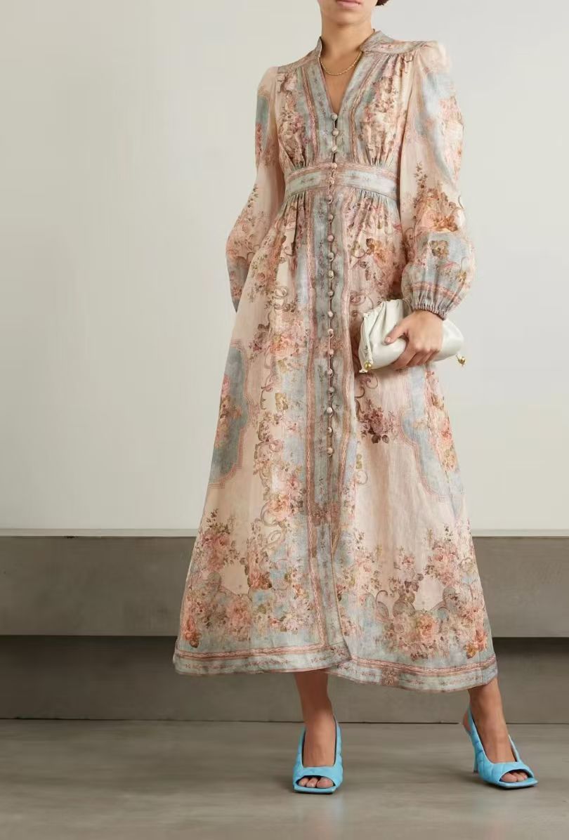 Soft Pink Floral Maxi Dress (Button Front, Puff Sleeves)