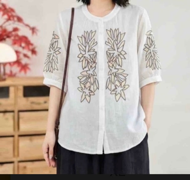 Embroidered Linen-Blend Blouse