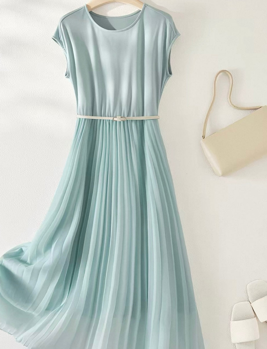 Pleated Midi Dress with Belt – Soft Blue