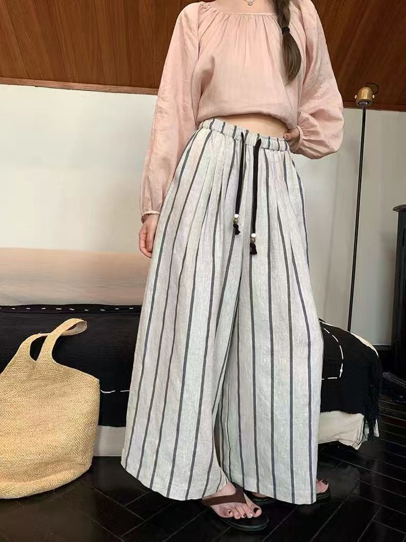 Striped Linen Wide-Leg Trousers