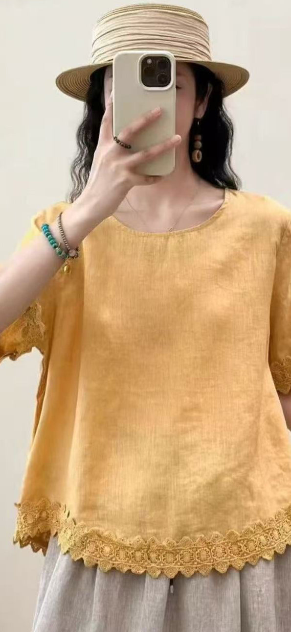 100% Linen Top with Lace Detail