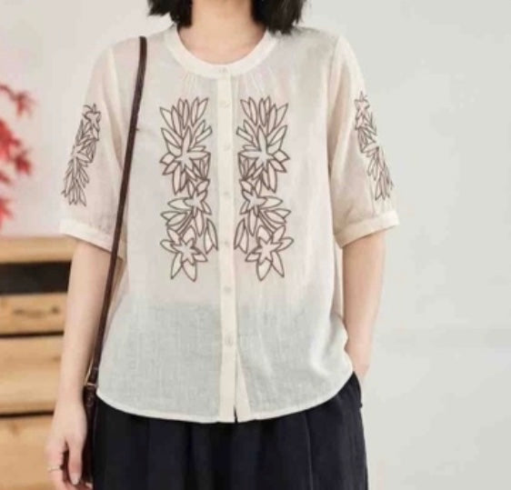 Embroidered Linen-Blend Blouse
