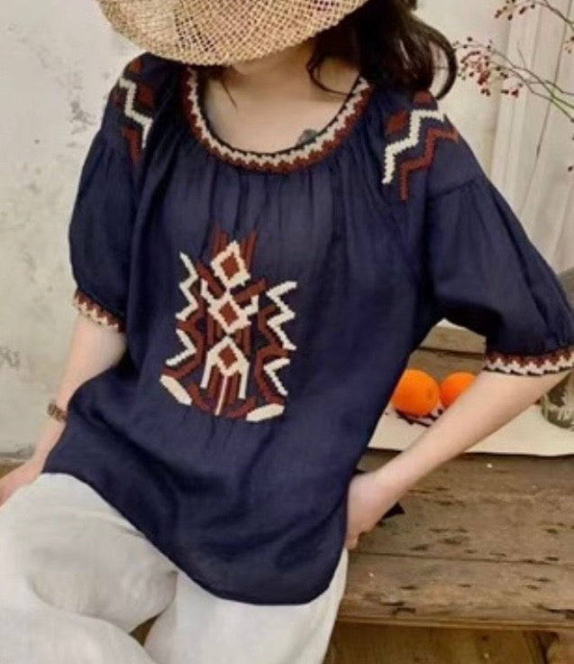 Boho Embroidered Linen Blend Blouse