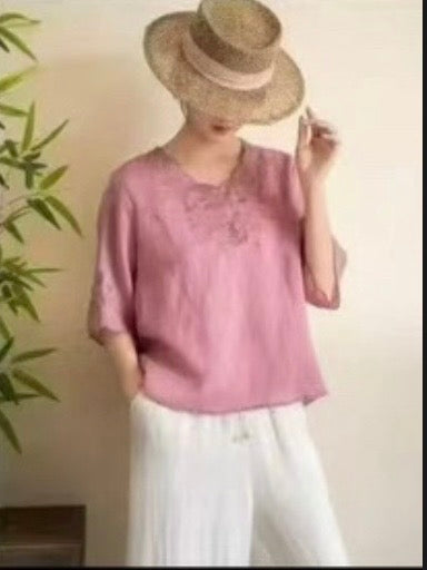 Linen Blend Embroidered Blouse