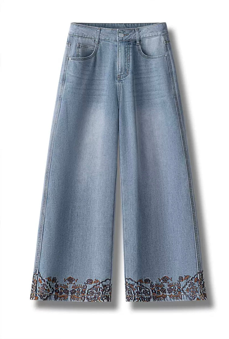 Embroidered Hem Wide Leg Jeans