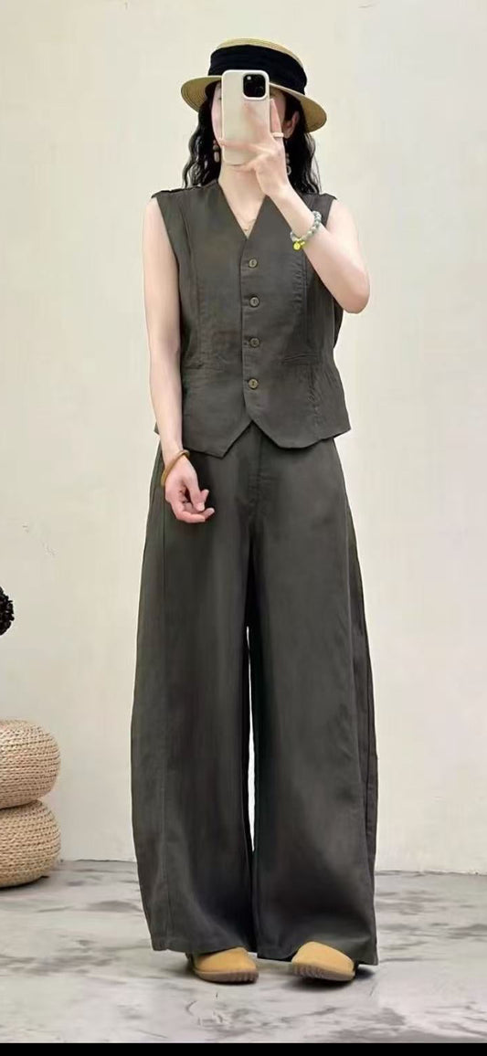 Linen Vest & Wide-Leg Trousers Set