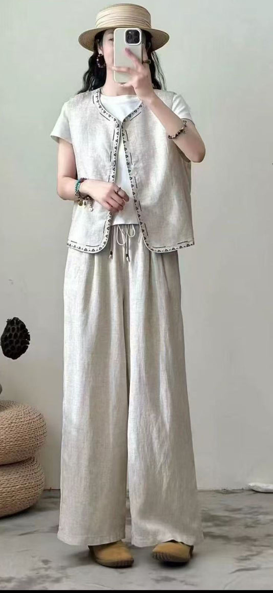 Linen Relaxed Set (Vest + Wide-Leg Trousers)
