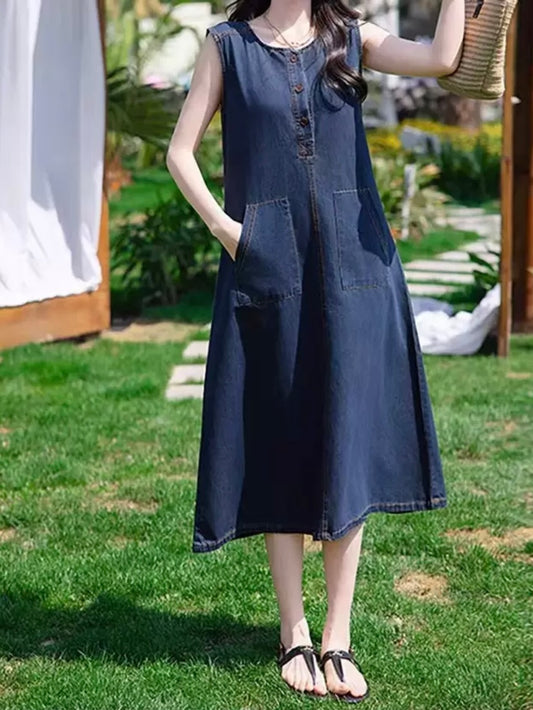 Casual Denim Midi Dress – Dark Blue
