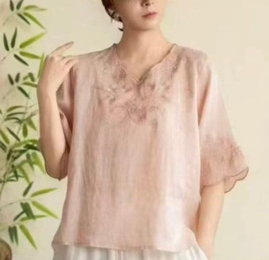 Linen Blend Embroidered Blouse