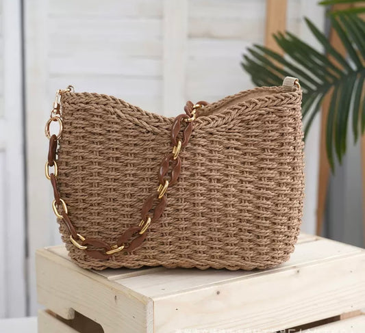 Woven Straw Shoulder Bag with Chain Detail
