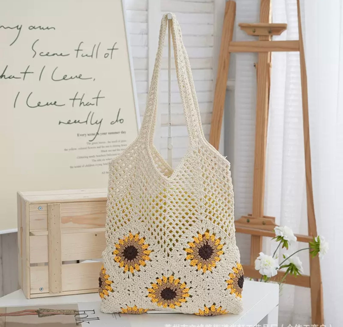 Crochet Tote Bag with Sunflower Detail