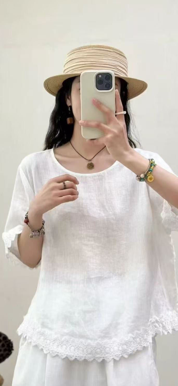 100% Linen Top with Lace Detail