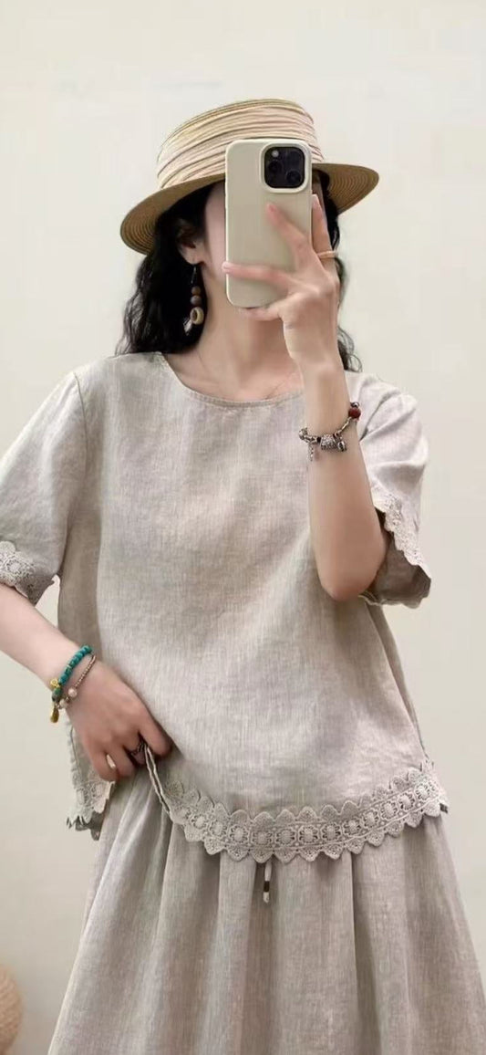 100% Linen Top with Lace Detail