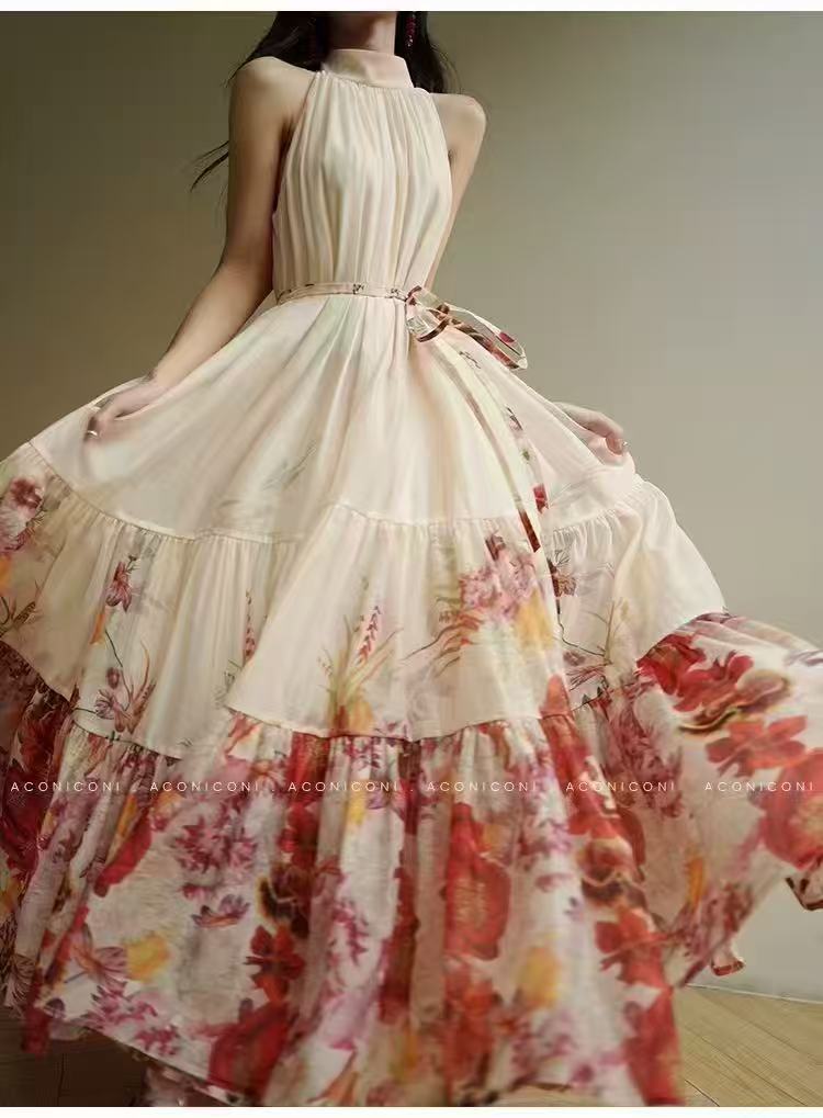 Floral Tiered Maxi Dress (Beige with Red Floral)