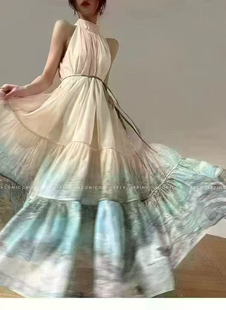 Gradient Halter Maxi Dress (Beige to Blue)