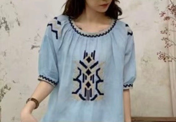 Boho Embroidered Linen Blend Blouse