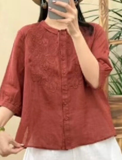 Embroidered Linen Button Blouse – Relaxed Fit
