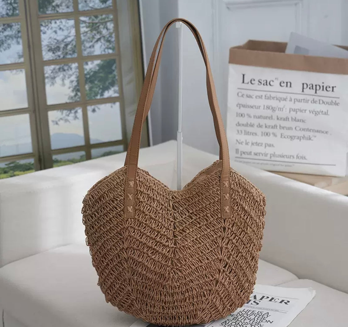 Straw Tote Bag with Leather Handles