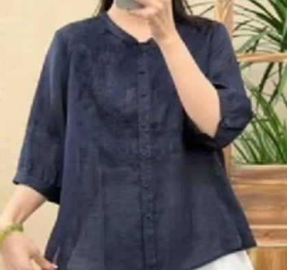 Embroidered Linen Button Blouse – Relaxed Fit