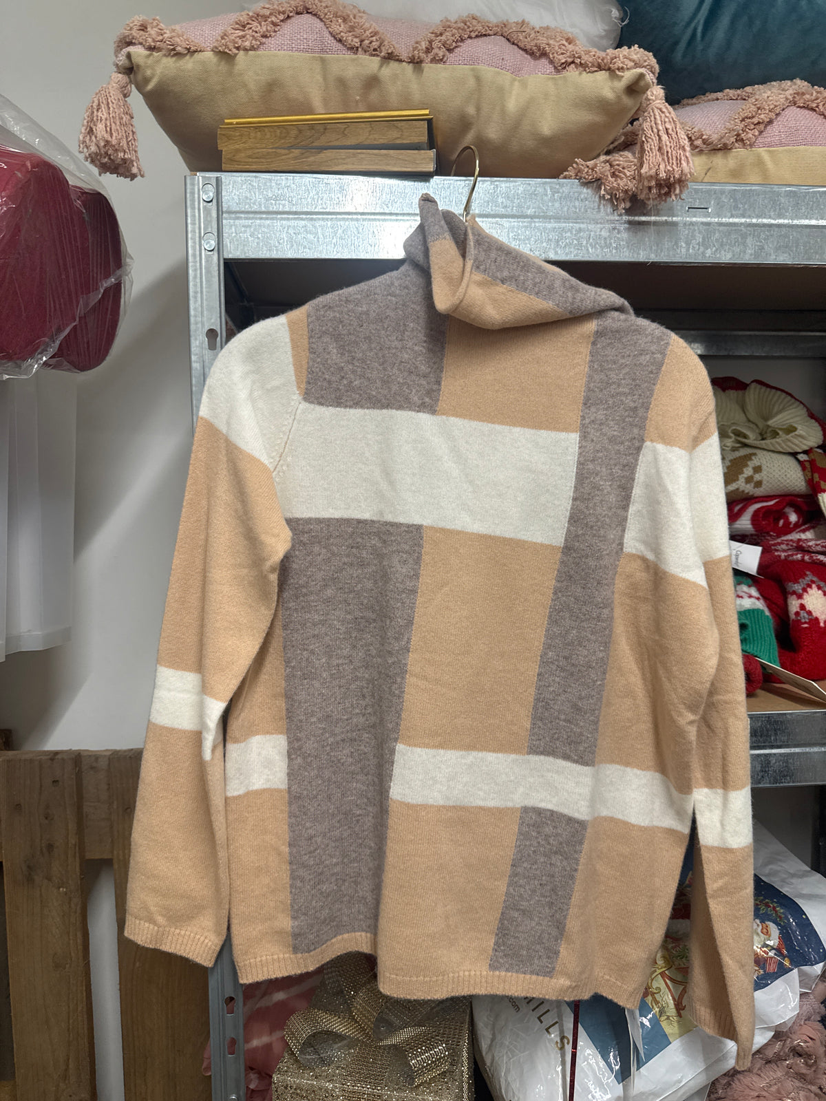 Wool Geometric Colour Block Roll Neck Jumper
