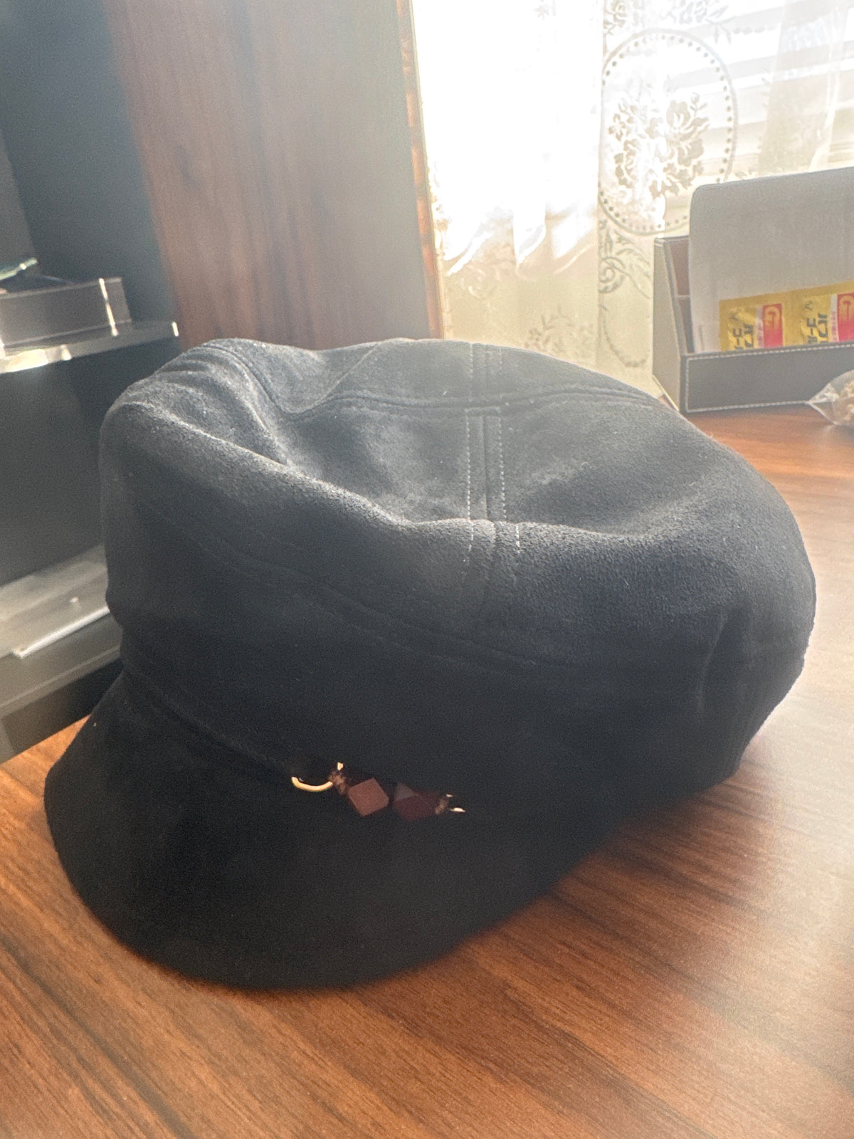 Elegant Suede-Effect Cap with Decorative Detail