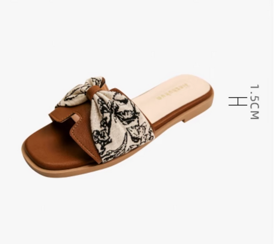 Floral Bow Slides – Tan & Black