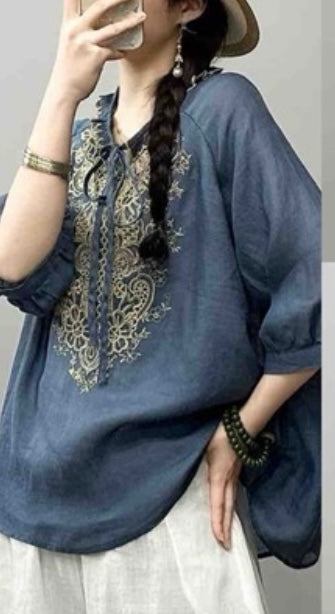 Embroidered Linen-Blend Boho Blouse