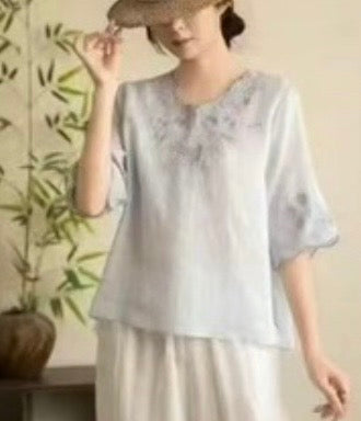 Linen Blend Embroidered Blouse