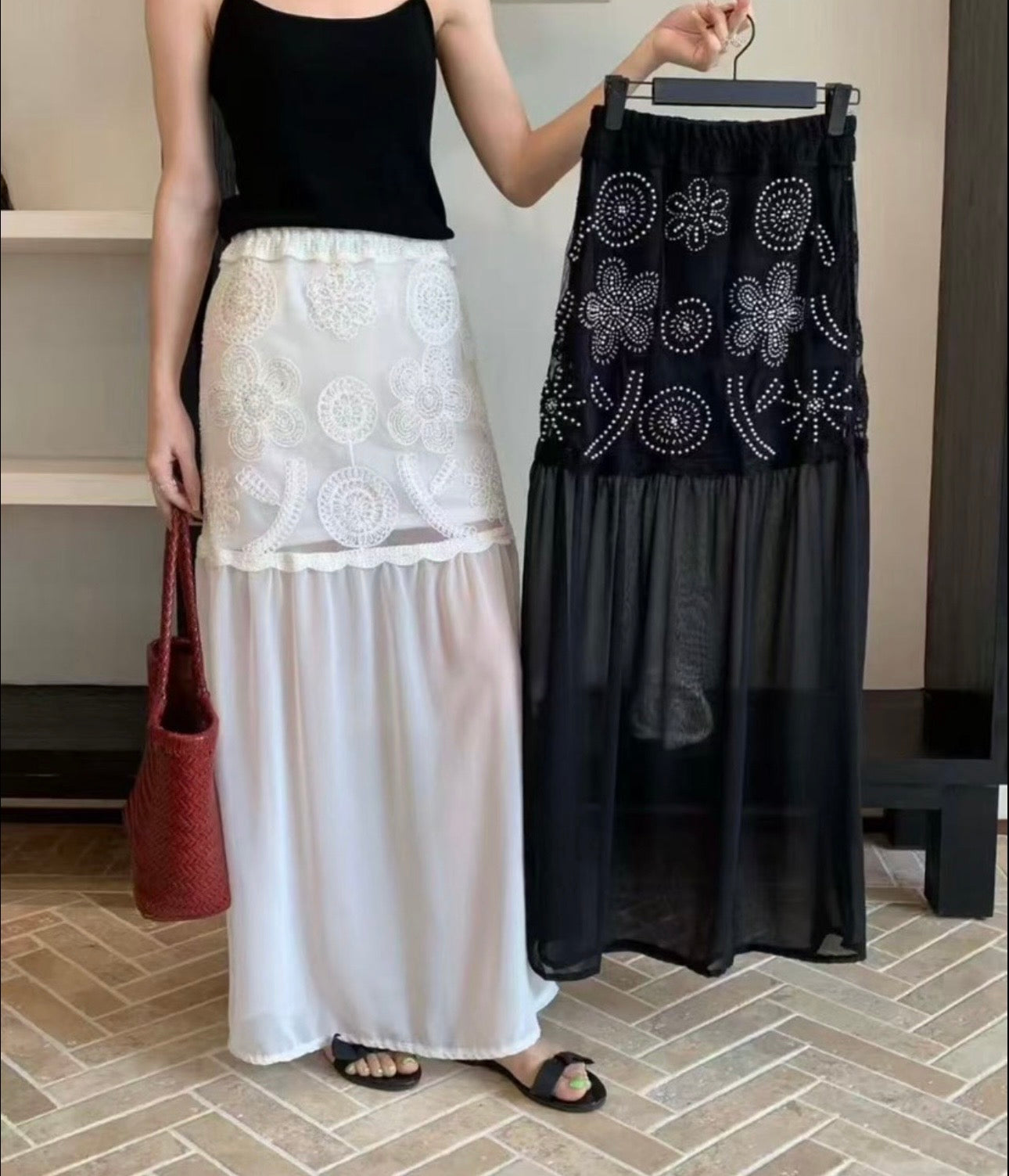 Embroidered Mesh Maxi Skirt