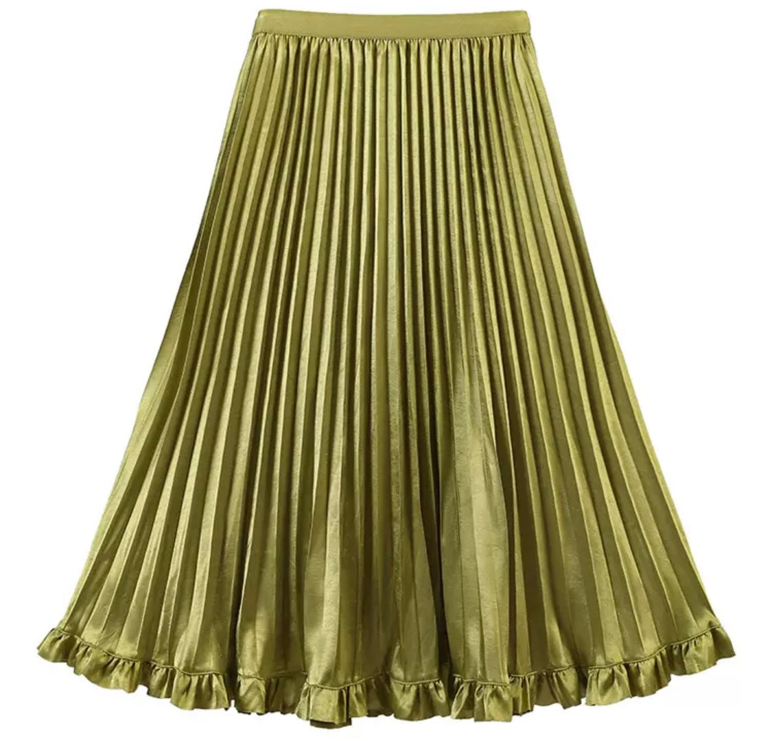 Pleated Satin Midi Skirt