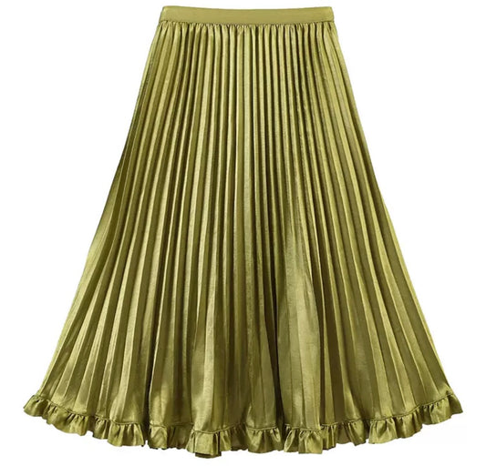 Pleated Satin Midi Skirt