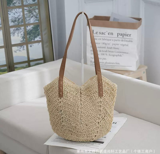 Straw Tote Bag with Leather Handles