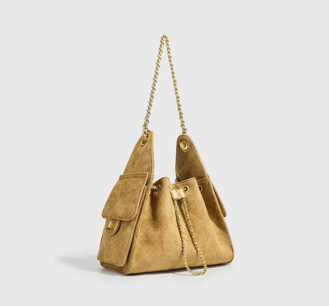 Suede-Style Chain Shoulder Bag – Beige