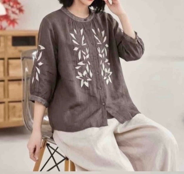 Embroidered Linen-Blend Blouse