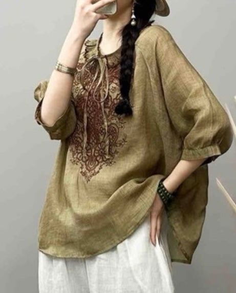 Embroidered Linen-Blend Boho Blouse