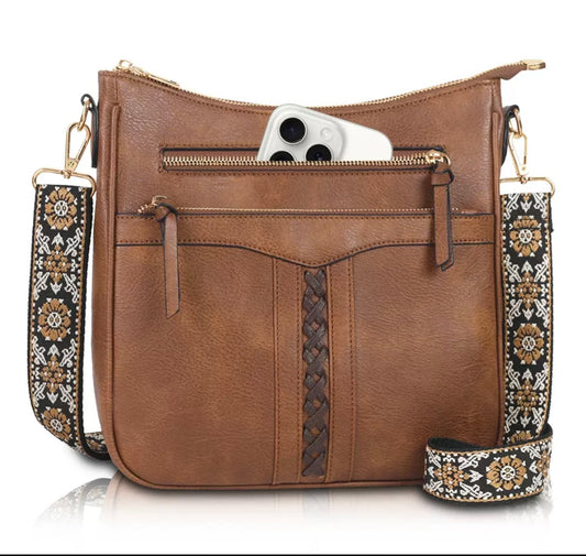 Crossbody Bag with Pattern Strap – Brown