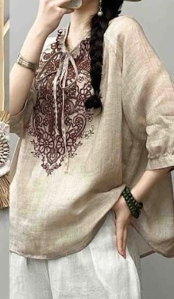 Embroidered Linen-Blend Boho Blouse