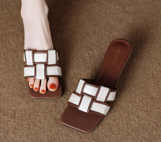 Woven Block Heel Slides – White & Brown