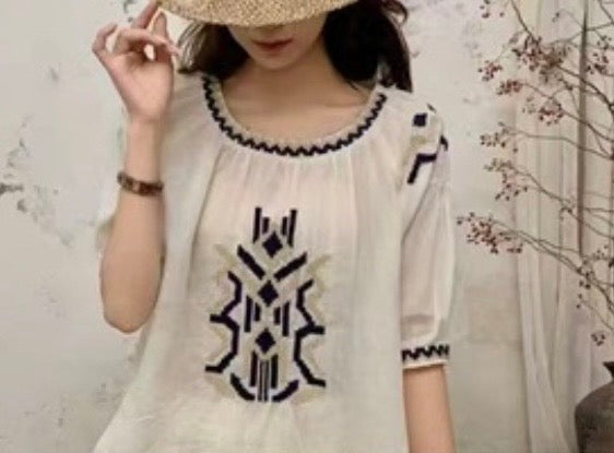 Boho Embroidered Linen Blend Blouse