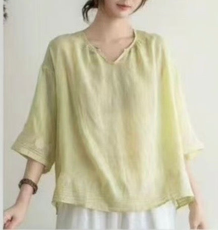 Linen Blend Boho Blouse with Embroidery