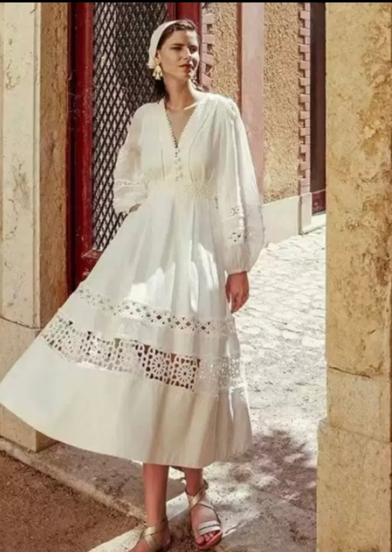 White Boho Cotton Midi Dress