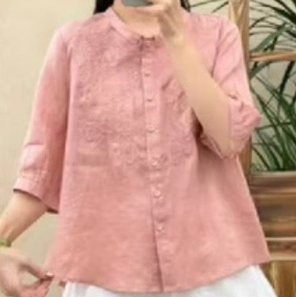 Embroidered Linen Button Blouse – Relaxed Fit