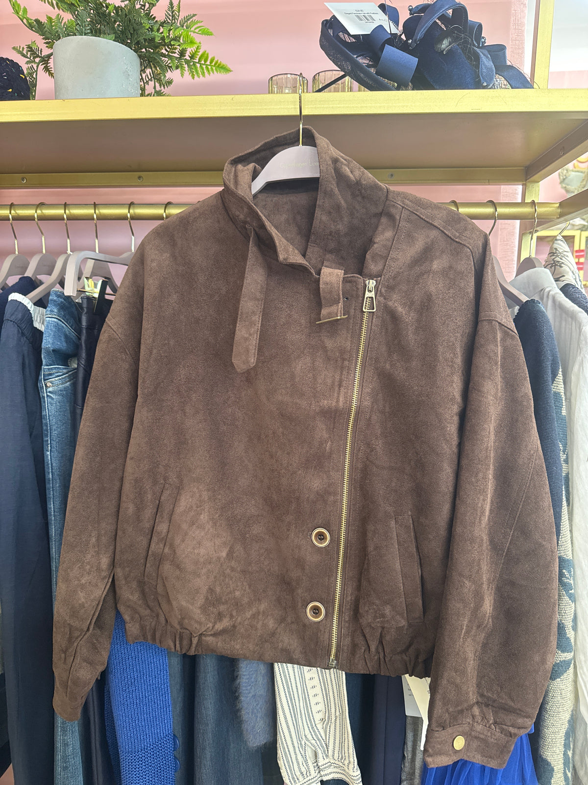 Suede-Look Cropped Jacket with Asymmetric Front